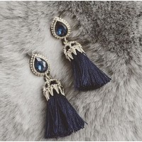 Teardrop Crystal Navy Tassel Drop Statement Earrings Pre-order